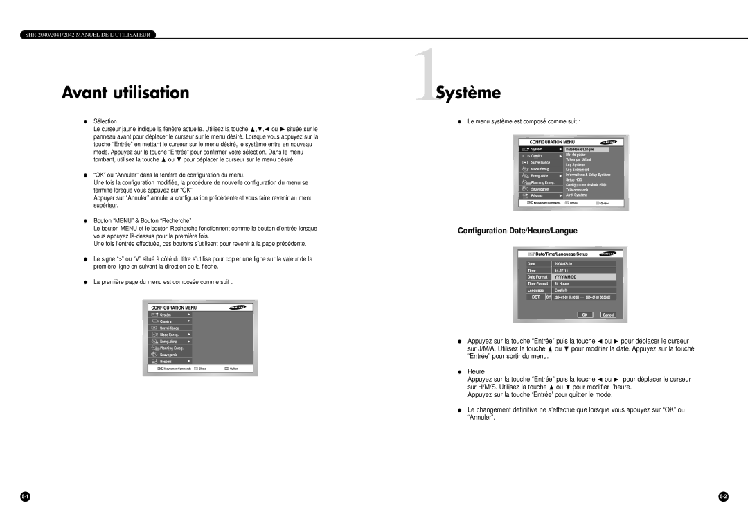 Samsung SHR-2040P/GAR, SHR-2042P manual Avant utilisation, 1Système, Configuration Date/Heure/Langue, Sélection 