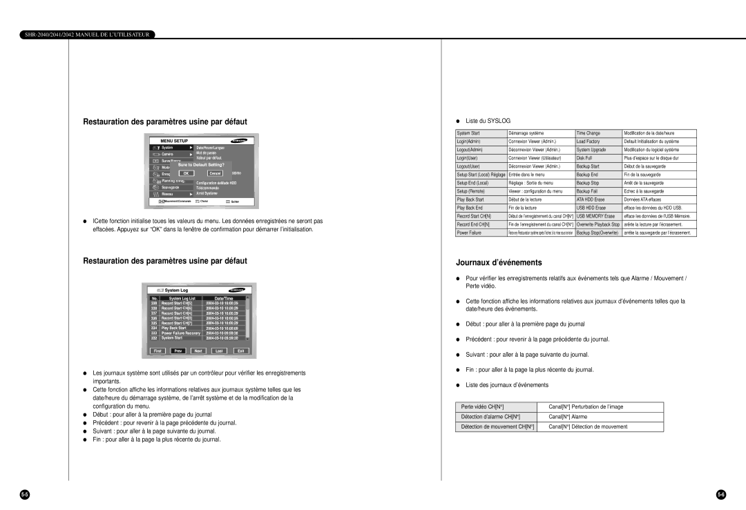 Samsung SHR-2042P, SHR-2040P/GAR manual Restauration des paramètres usine par défaut, Journaux d’événements 