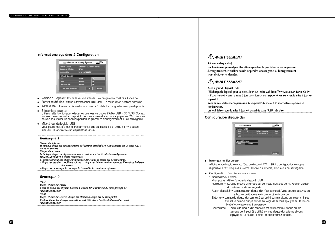 Samsung SHR-2040P/GAR, SHR-2042P manual Informations système & Configuration, Configuration disque dur 