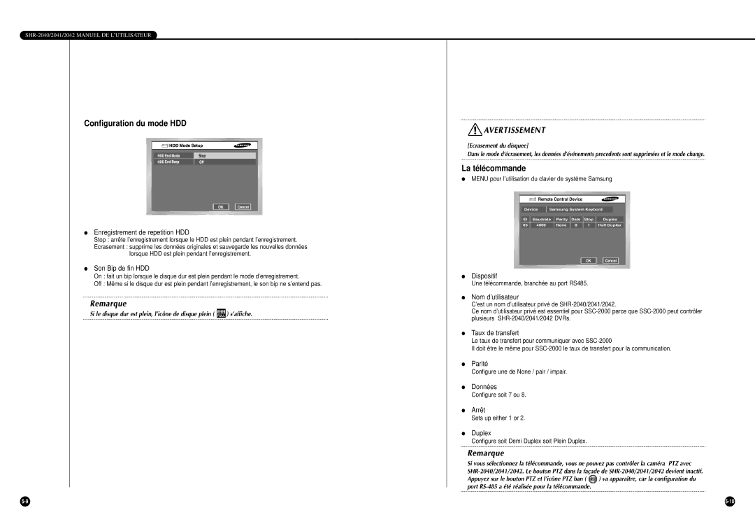 Samsung SHR-2040P/GAR, SHR-2042P manual Configuration du mode HDD, La télécommande 