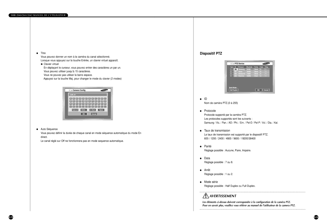 Samsung SHR-2040P/GAR, SHR-2042P manual Dispositif PTZ, Protocole, Taux de transmission, Data, Mode série 