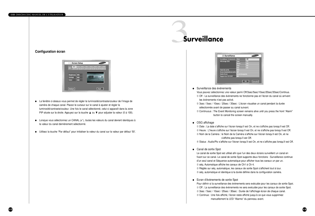 Samsung SHR-2040P/GAR, SHR-2042P manual 3Surveillance, Configuration écran, OSG affichage, Canal de sortie Spot 