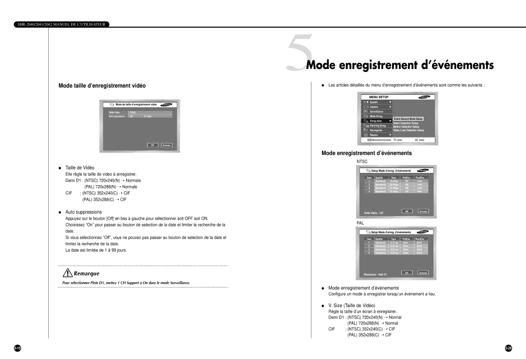 Samsung SHR-2040P/GAR, SHR-2042P manual 5Mode enregistrement d’événements, Mode taille d’enregistrement vidéo 