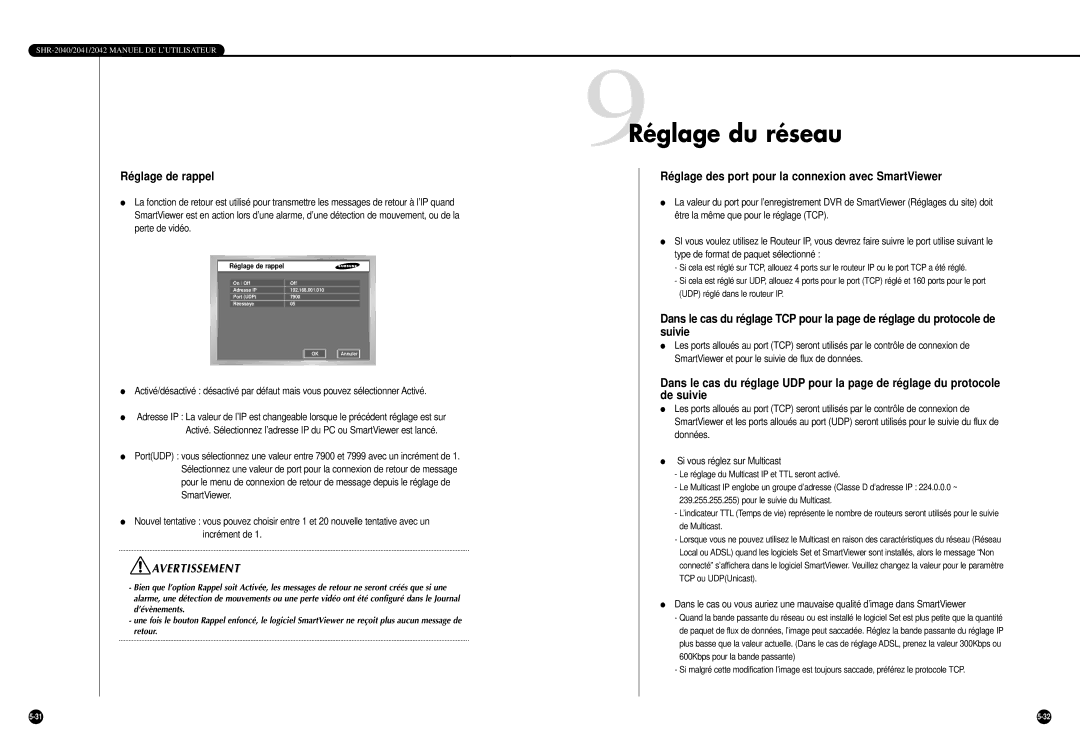 Samsung SHR-2040P, SHR-2042P 9Réglage du réseau, Réglage de rappel, Réglage des port pour la connexion avec SmartViewer 