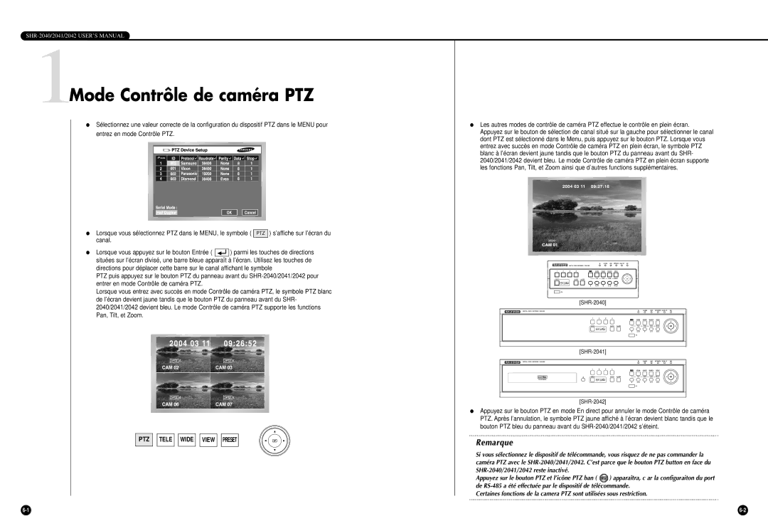 Samsung SHR-2042P, SHR-2040P/GAR manual 1Mode Contrôle de caméra PTZ, PTZ Tele Wide View Preset 