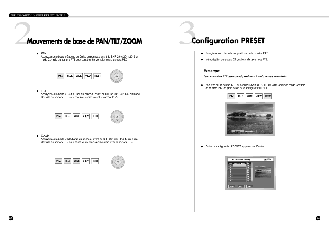 Samsung SHR-2040P/GAR, SHR-2042P manual 2Mouvements de base de PAN/TILT/ZOOM, 3Configuration Preset 