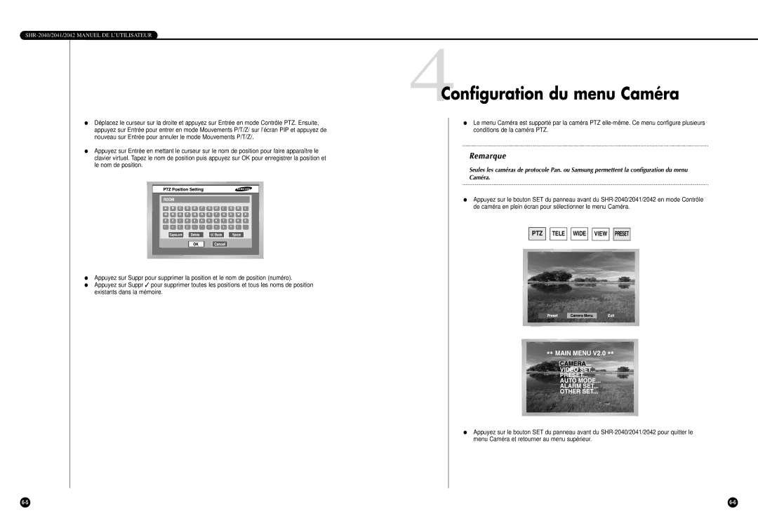 Samsung SHR-2040P/GAR, SHR-2042P manual 4Configuration du menu Caméra 