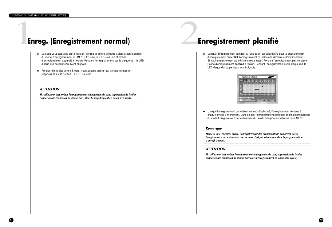 Samsung SHR-2040P/GAR, SHR-2042P manual 1Enreg. Enregistrement normal, 2Enregistrement planifié 