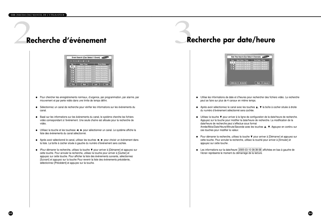 Samsung SHR-2040P/GAR, SHR-2042P manual Recherche par date/heure, Recherche d’événement 