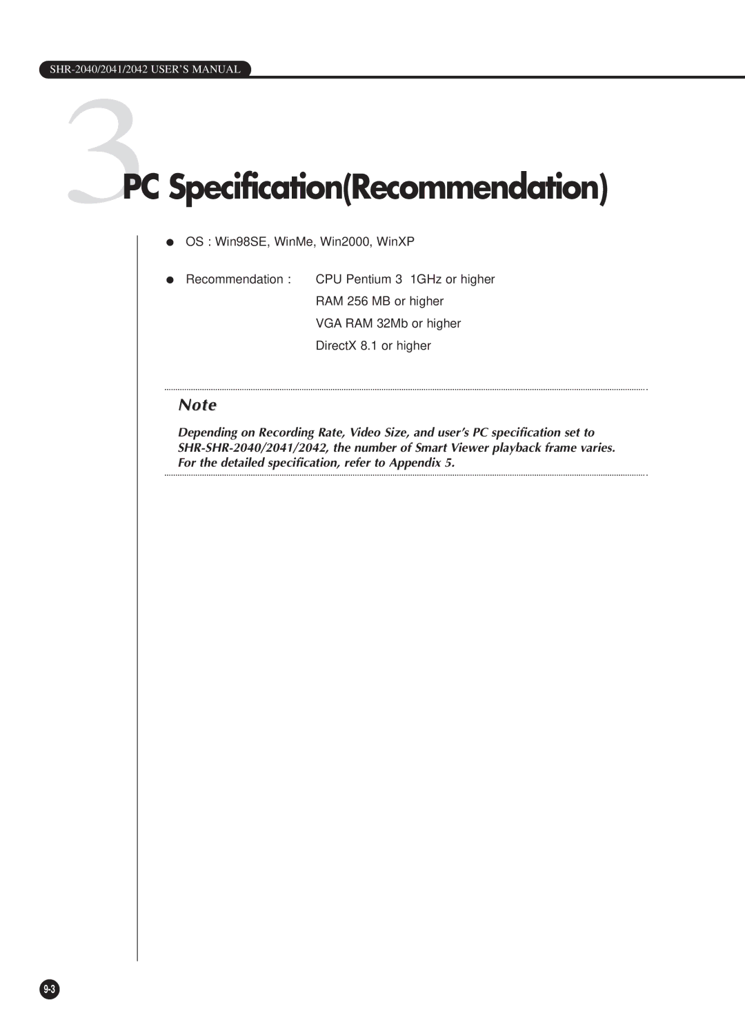 Samsung SHR-2040P/XEC, SHR-2042P, SHR-2040PX manual 3PC SpecificationRecommendation 