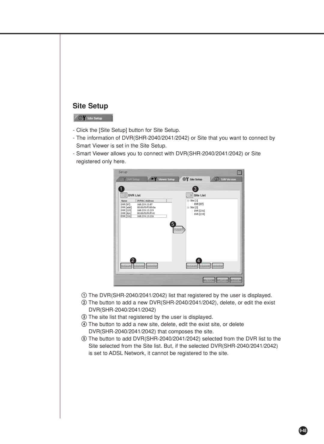 Samsung SHR-2042P, SHR-2040PX, SHR-2040P/XEC manual Site Setup 