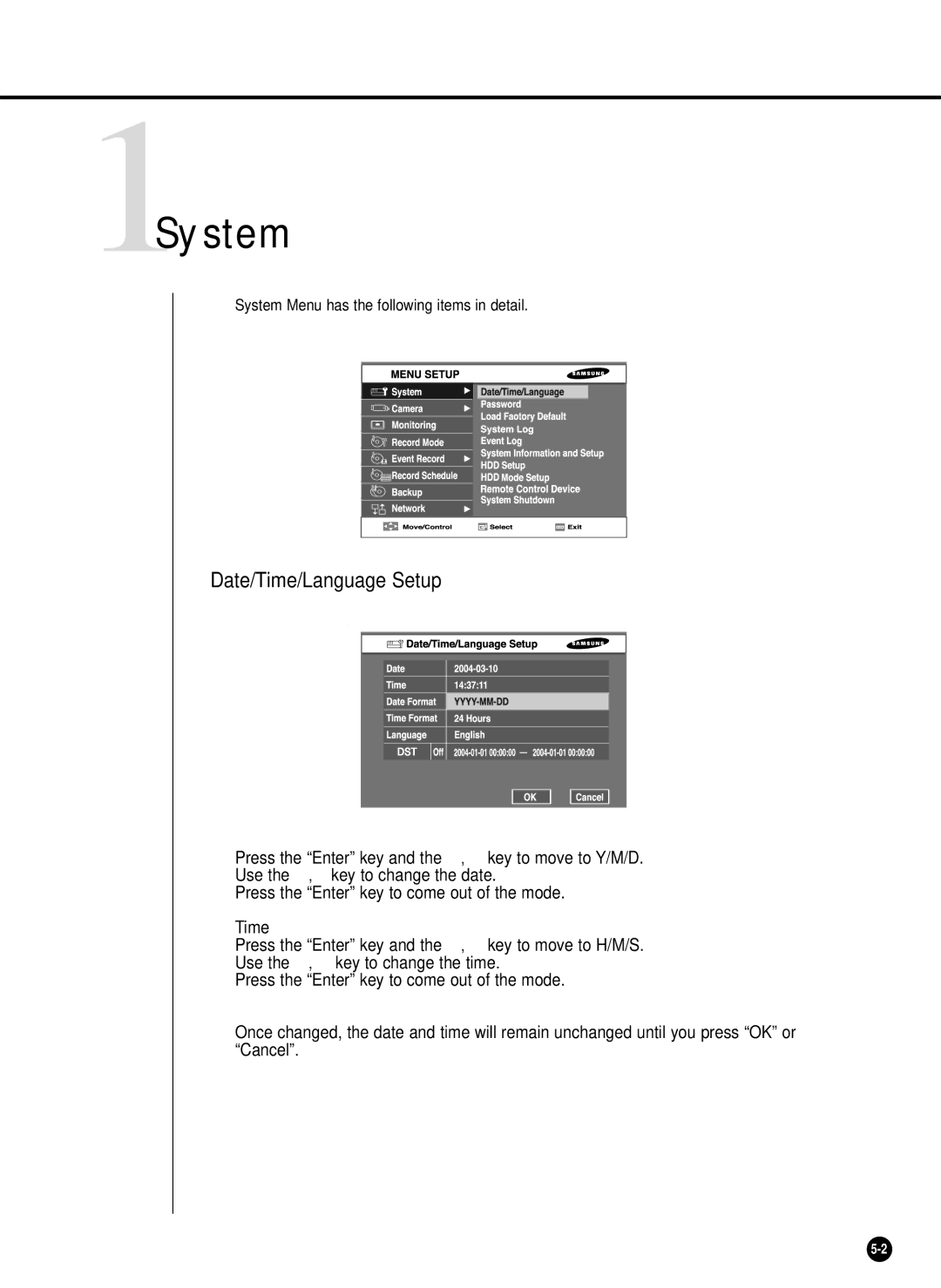 Samsung SHR-2042P, SHR-2040PX, SHR-2040P/XEC manual 1System, Date/Time/Language Setup 