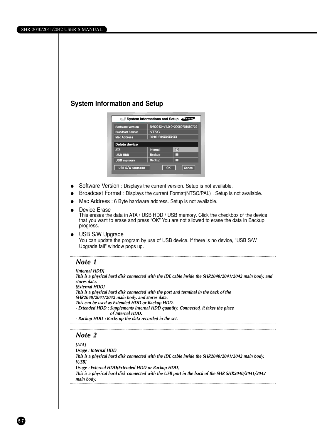 Samsung SHR-2040PX, SHR-2042P, SHR-2040P/XEC manual System Information and Setup, Device Erase, USB S/W Upgrade 