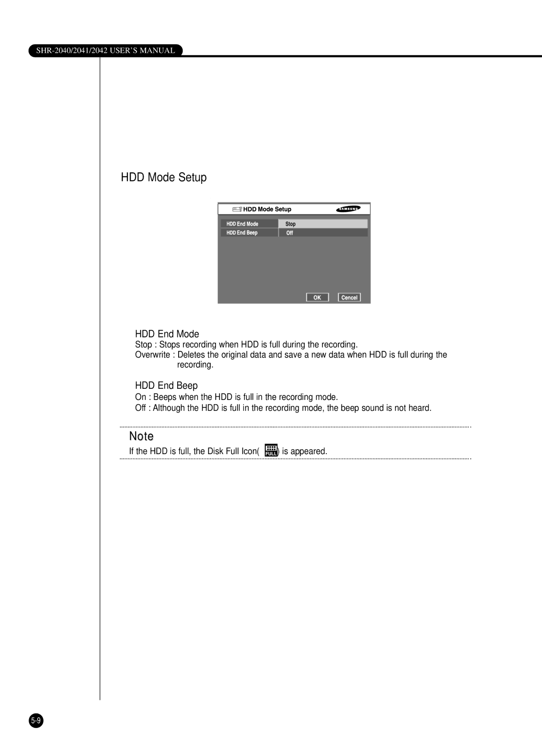 Samsung SHR-2042P, SHR-2040PX, SHR-2040P/XEC manual HDD Mode Setup, HDD End Mode, HDD End Beep 