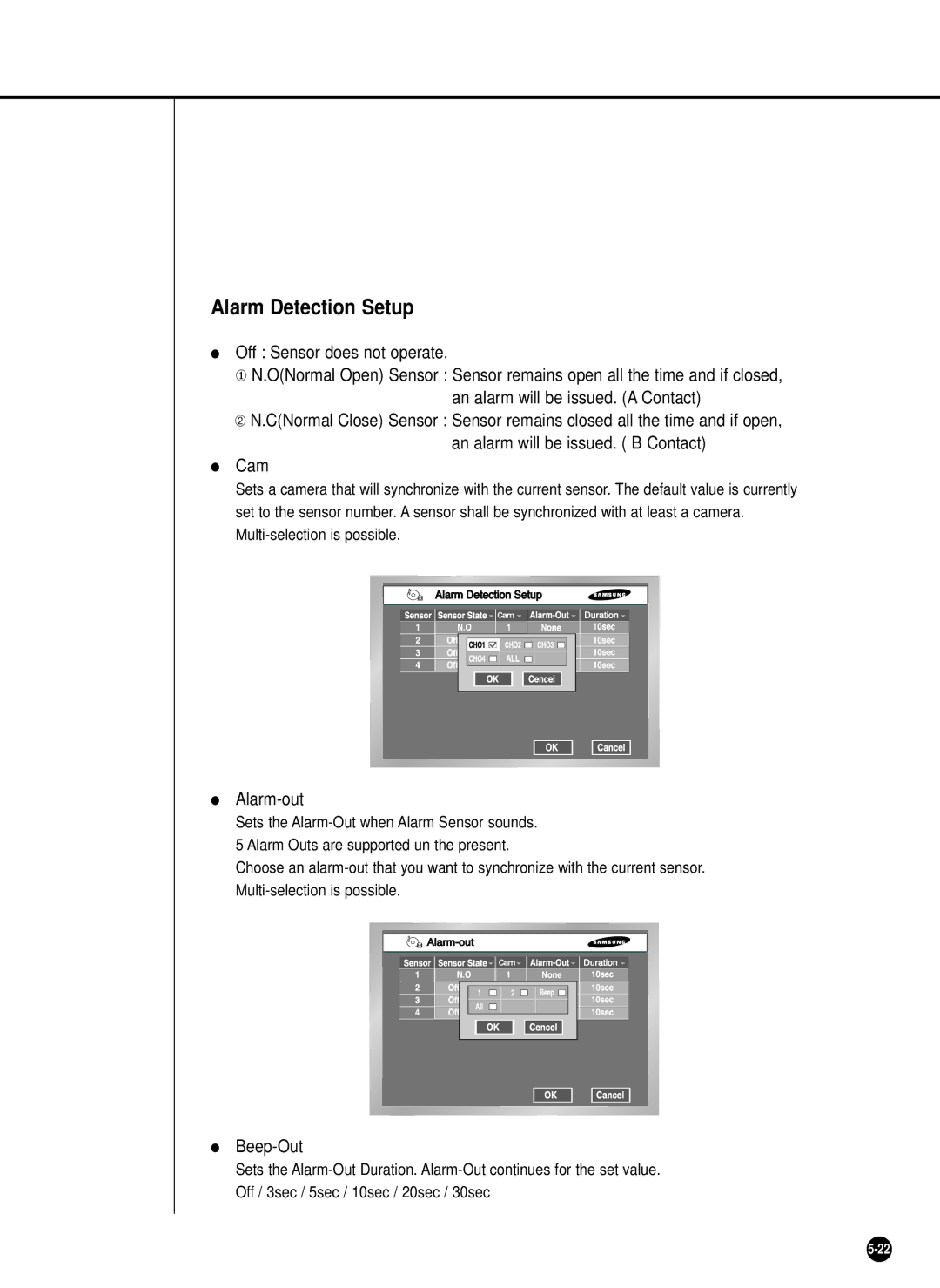 Samsung SHR-2042P, SHR-2040PX, SHR-2040P/XEC manual Alarm Detection Setup, Alarm-out, Beep-Out 