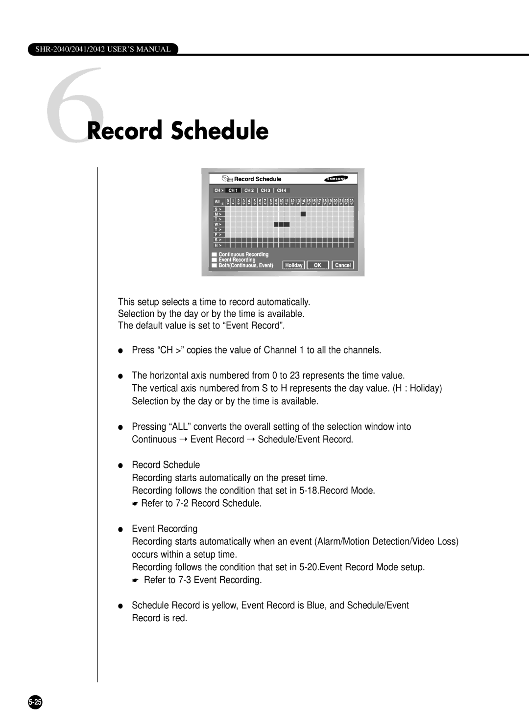 Samsung SHR-2042P, SHR-2040PX, SHR-2040P/XEC manual 6Record Schedule 