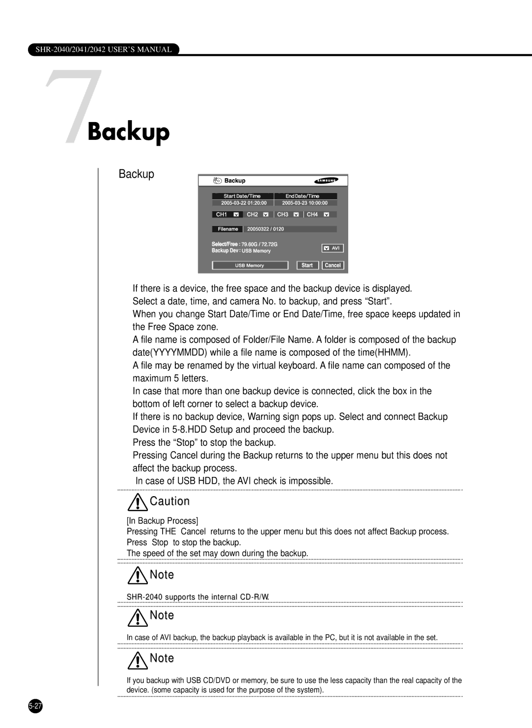 Samsung SHR-2040PX, SHR-2042P, SHR-2040P/XEC manual 7Backup 