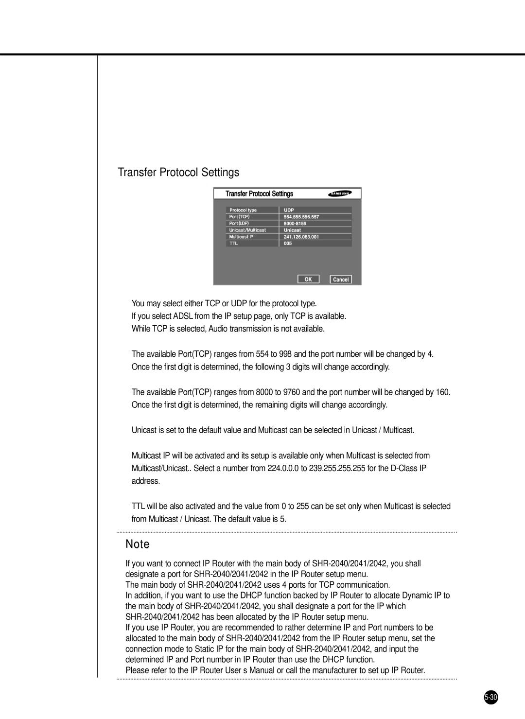 Samsung SHR-2042P, SHR-2040PX manual Transfer Protocol Settings, You may select either TCP or UDP for the protocol type 