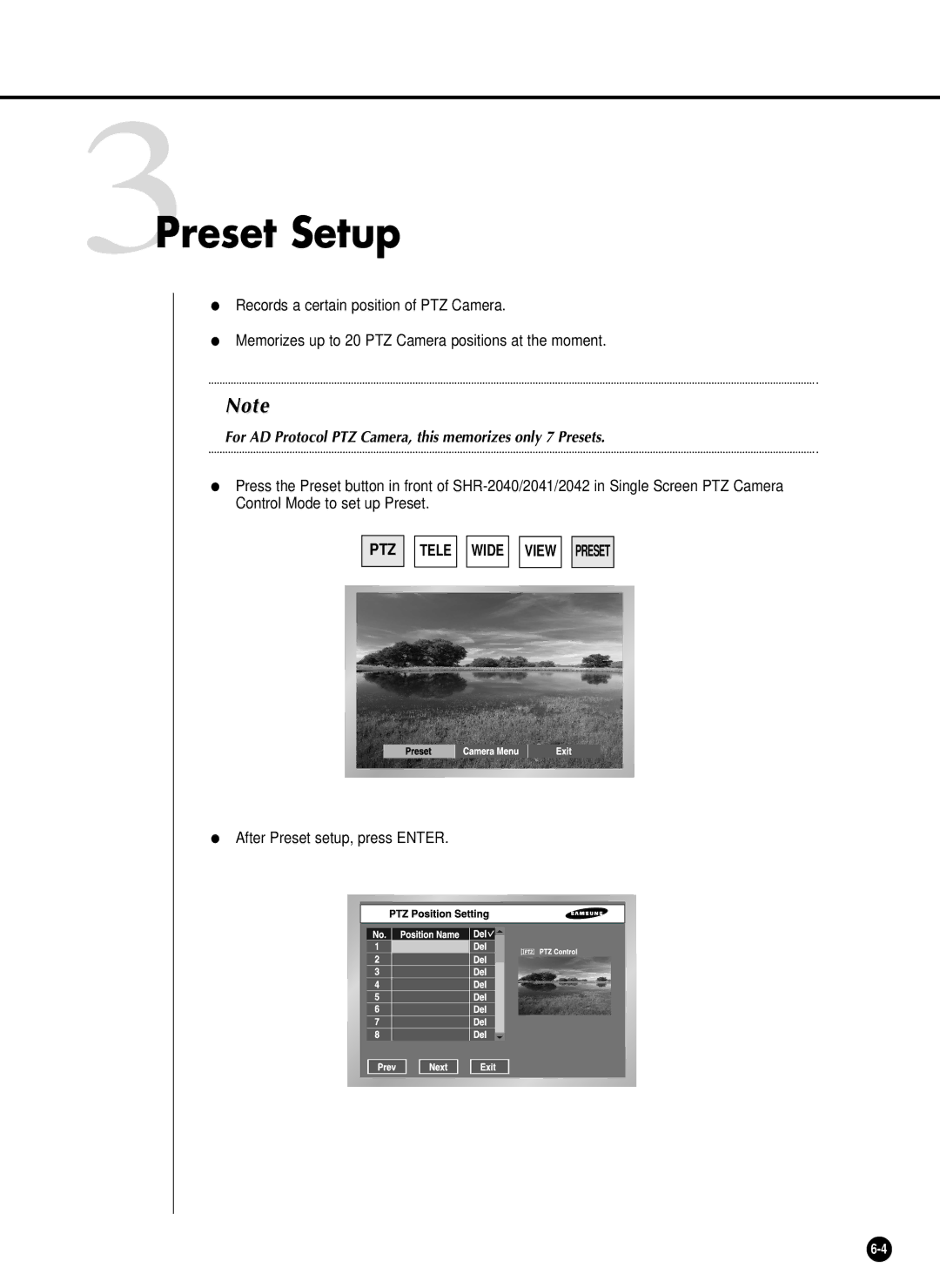 Samsung SHR-2042P, SHR-2040PX, SHR-2040P/XEC 3Preset Setup, For AD Protocol PTZ Camera, this memorizes only 7 Presets 