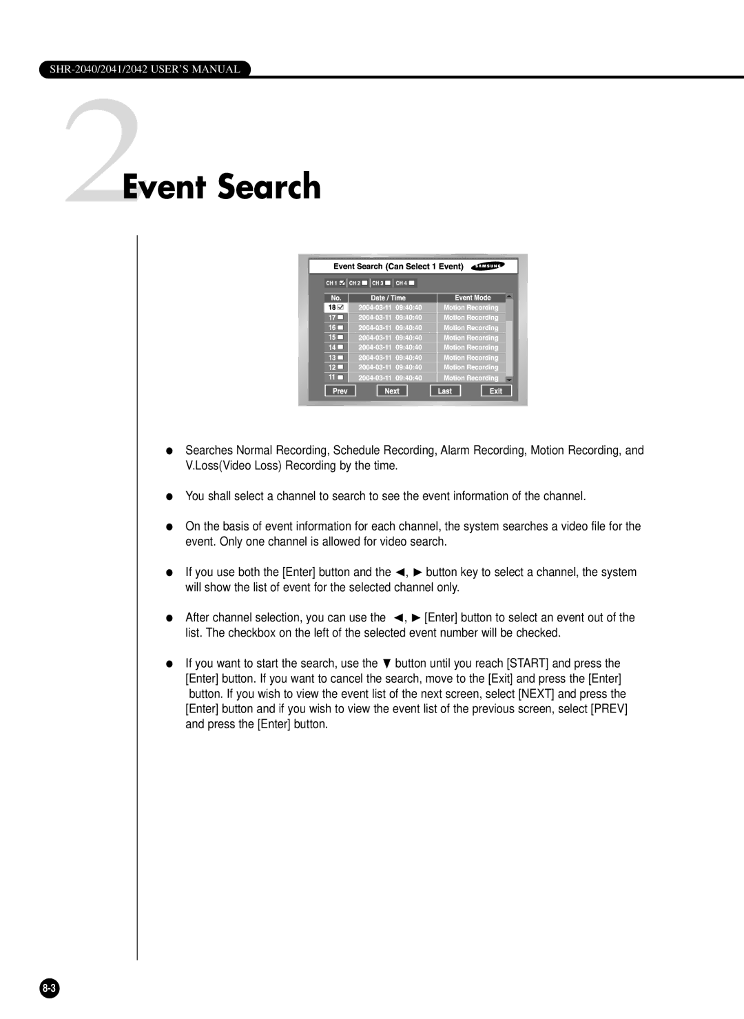 Samsung SHR-2042P, SHR-2040PX, SHR-2040P/XEC manual 2Event Search 