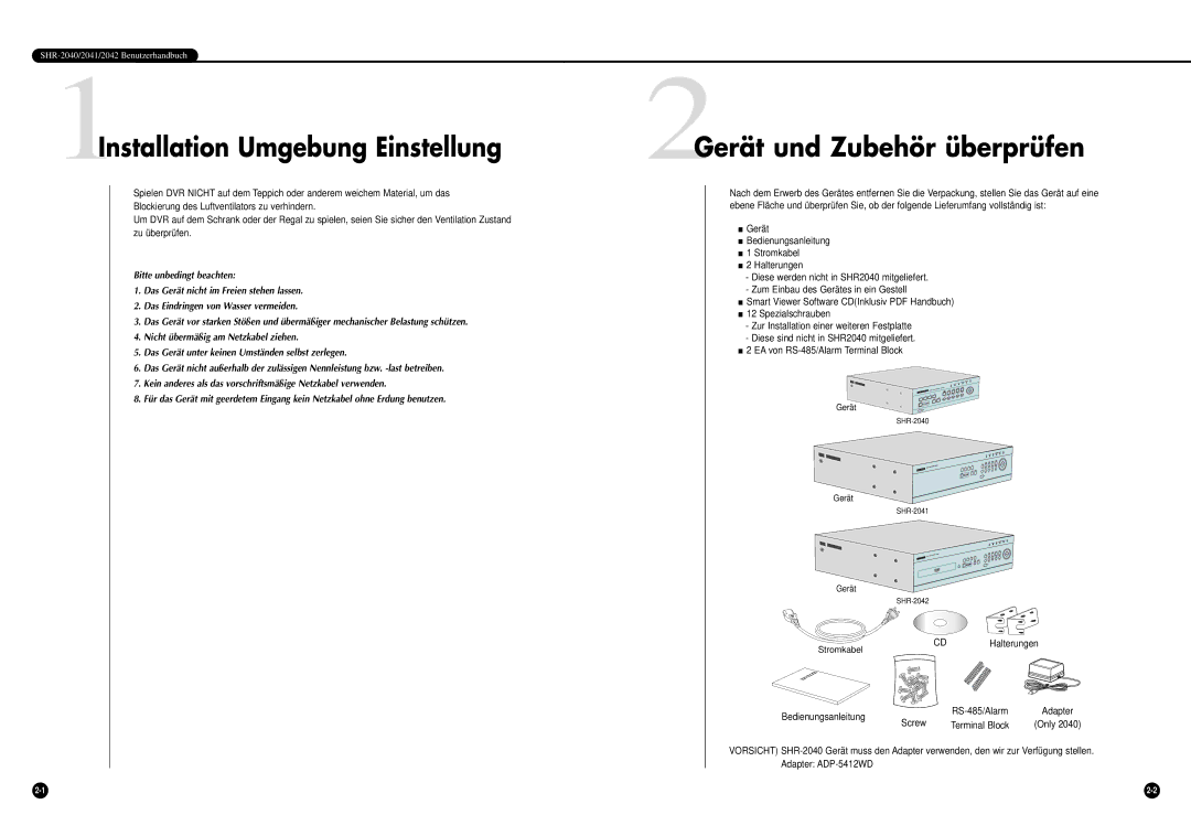 Samsung SHR-2040P, SHR-2042P manual 1Installation Umgebung Einstellung, 2Gerät und Zubehör überprüfen, Screw Terminal Block 