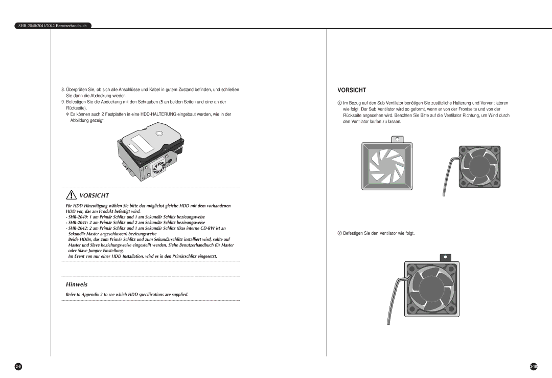 Samsung SHR-2040P, SHR-2042P manual Vorsicht 