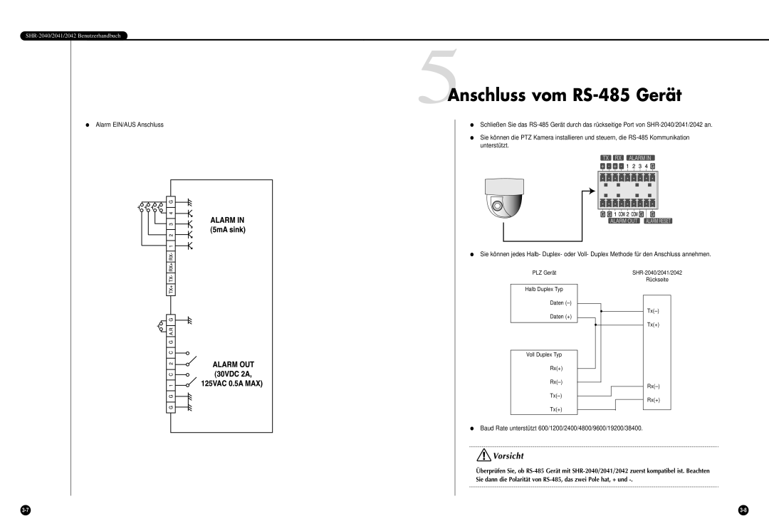 Samsung SHR-2040P, SHR-2042P manual 5Anschluss vom RS-485 Gerät, Baud Rate unterstützt 600/1200/2400/4800/9600/19200/38400 