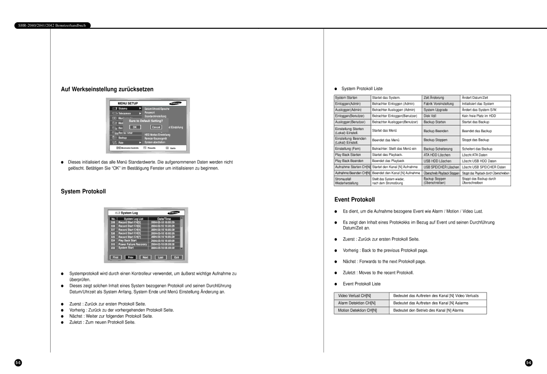 Samsung SHR-2042P, SHR-2040P manual Auf Werkseinstellung zurücksetzen, System Protokoll, Event Protokoll 