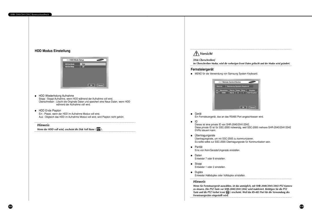 Samsung SHR-2042P, SHR-2040P manual HDD Modus Einstellung, Fernsteiergerät 