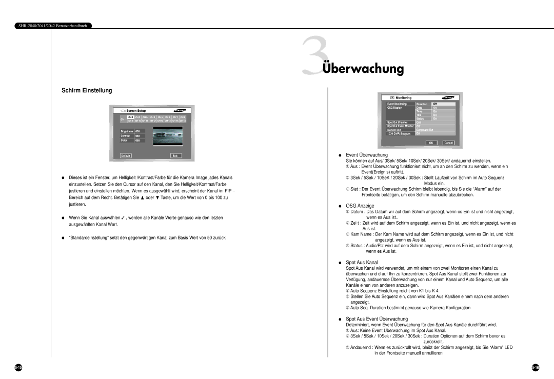 Samsung SHR-2040P, SHR-2042P 3Überwachung, Schirm Einstellung, OSG Anzeige, Spot Aus Kanal, Spot Aus Event Überwachung 