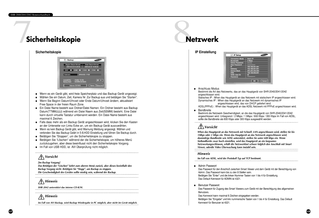 Samsung SHR-2040P, SHR-2042P manual 7Sicherheitskopie, 8Netzwerk, IP Einstellung 