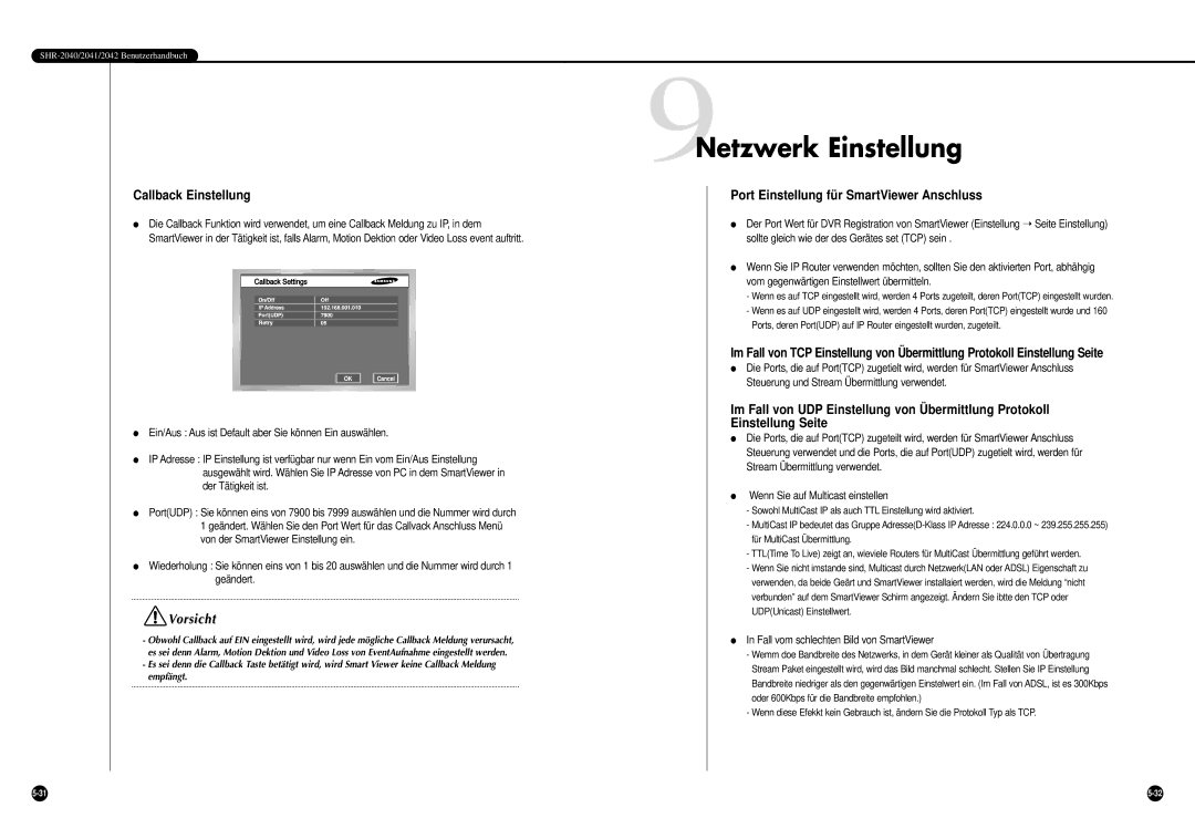 Samsung SHR-2040P, SHR-2042P manual 9Netzwerk Einstellung, Callback Einstellung, Port Einstellung für SmartViewer Anschluss 