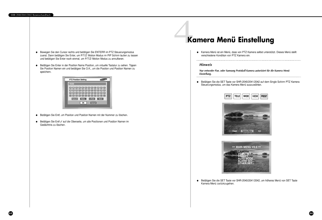 Samsung SHR-2040P, SHR-2042P manual 4Kamera Menü Einstellung 