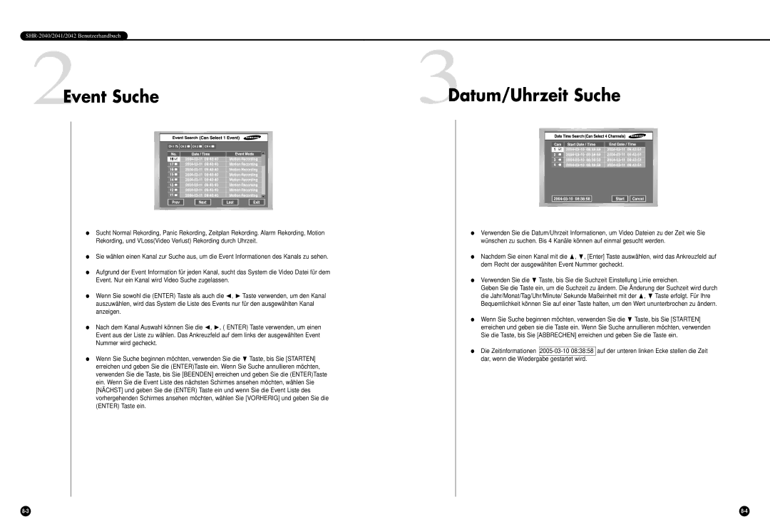 Samsung SHR-2040P, SHR-2042P manual Datum/Uhrzeit Suche 