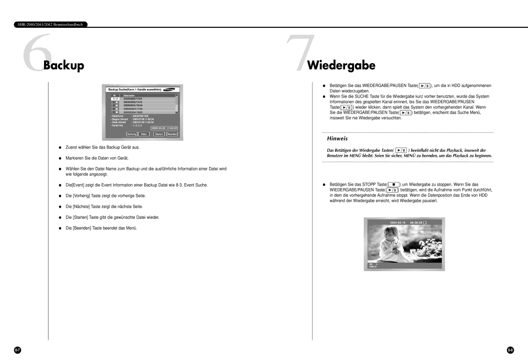 Samsung SHR-2040P, SHR-2042P manual 6Backup, 7Wiedergabe 