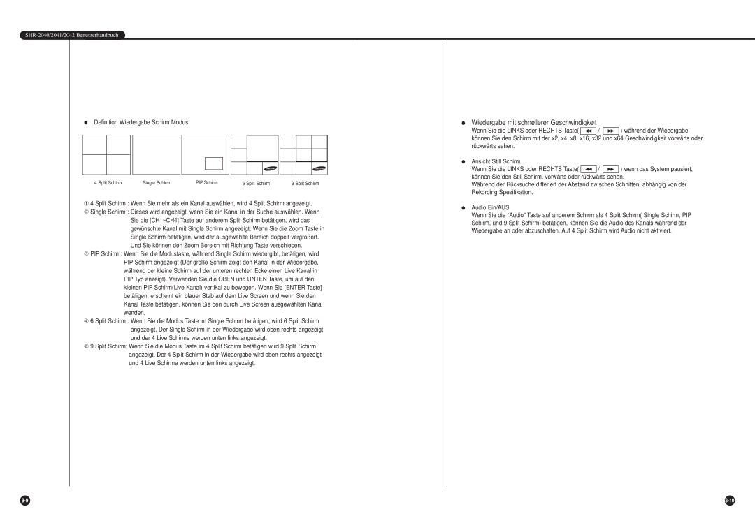 Samsung SHR-2042P, SHR-2040P manual Wiedergabe mit schnellerer Geschwindigkeit, Definition Wiedergabe Schirm Modus 