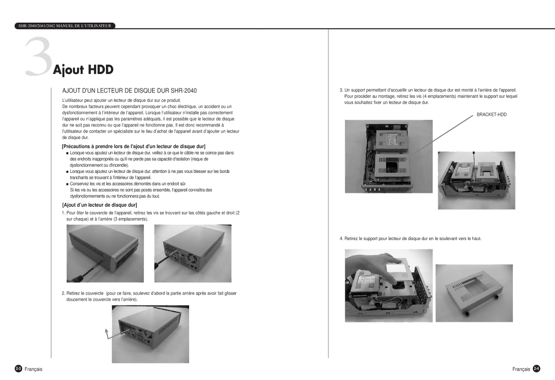 Samsung SHR-2040P manual 3Ajout HDD, Ajout DUN Lecteur DE Disque DUR SHR-2040 