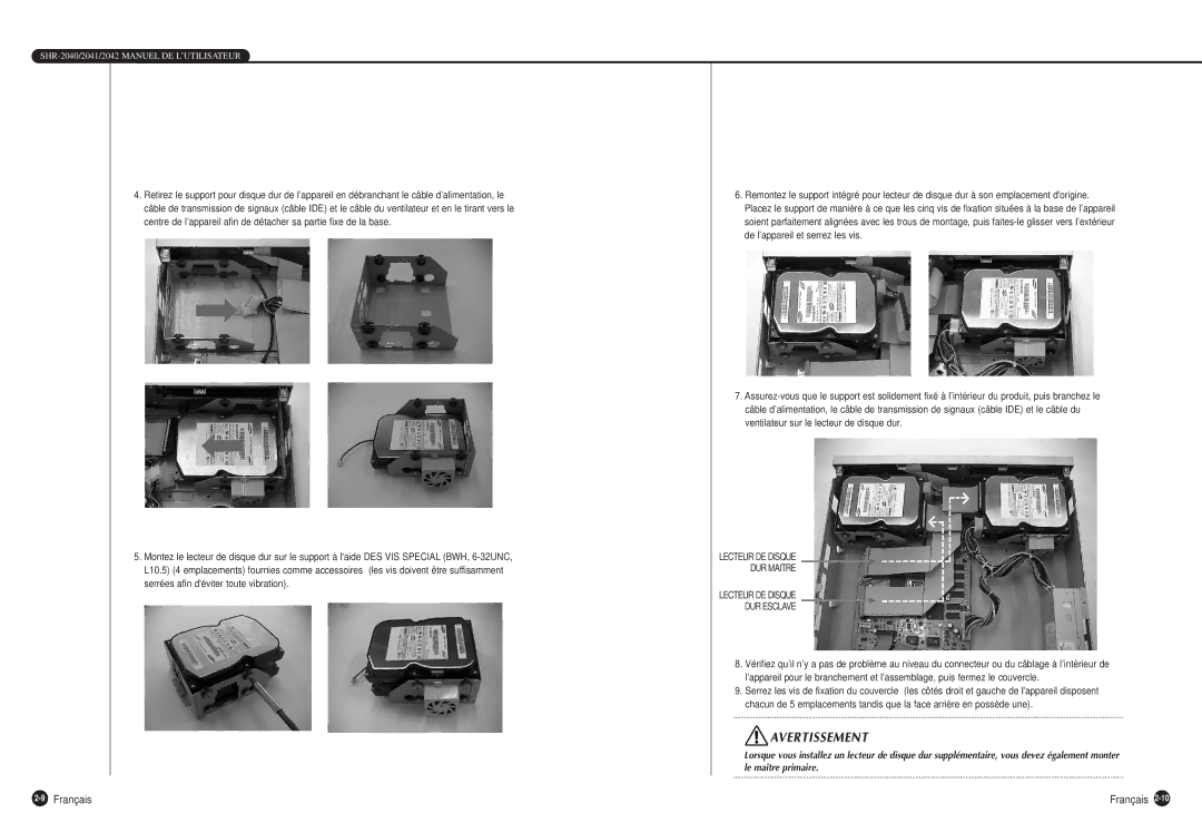 Samsung SHR-2040P manual 9Français, Lecteur DE Disque DUR Maitre DUR Esclave 