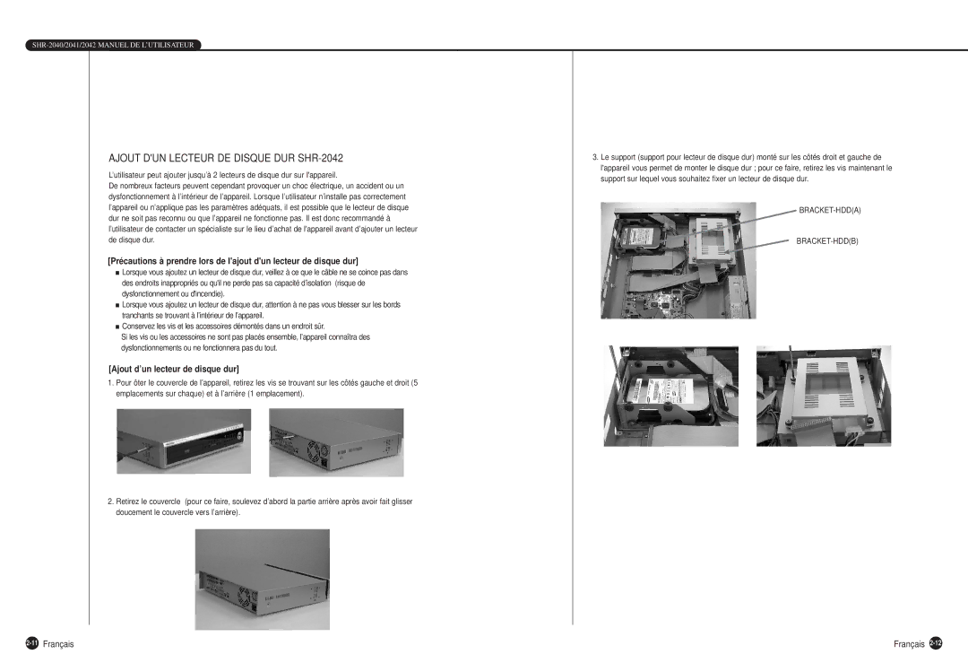 Samsung SHR-2040P manual Ajout DUN Lecteur DE Disque DUR SHR-2042, 11Français 