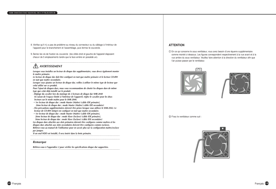 Samsung SHR-2040P manual 15Français, @ Fixez le ventilateur comme suit 