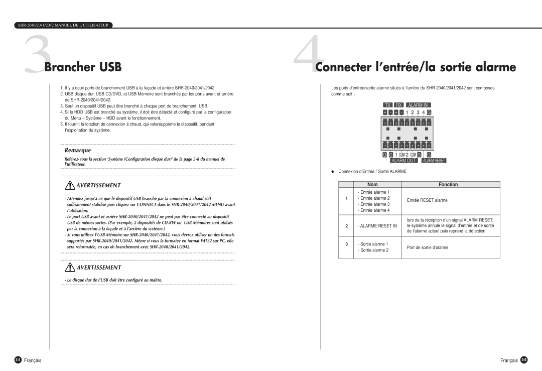 Samsung SHR-2040P manual 3Brancher USB, 4Connecter l’entrée/la sortie alarme, Entrée alarme Entrée Reset alarme 