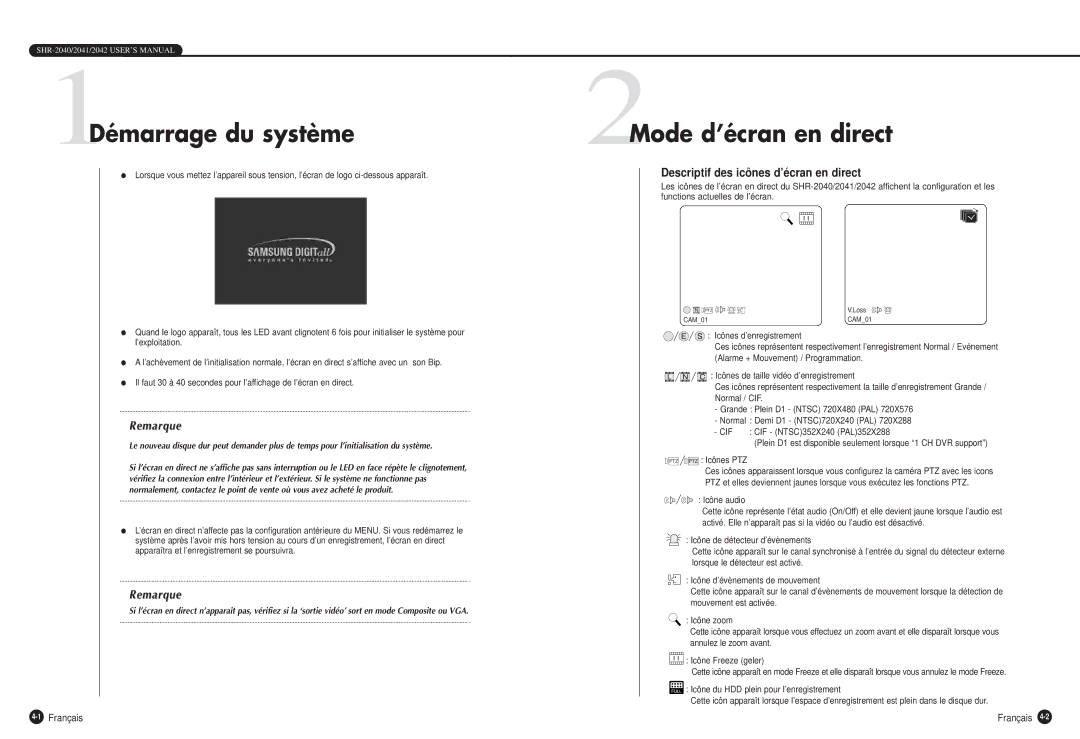 Samsung SHR-2040P manual 1Démarrage du système, 2Mode d’écran en direct, Descriptif des icônes d’écran en direct 