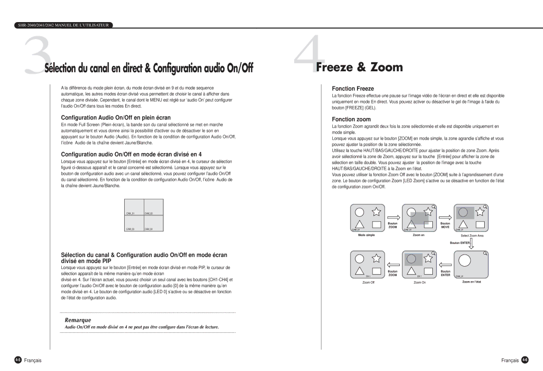 Samsung SHR-2040P manual 4Freeze & Zoom, Configuration Audio On/Off en plein écran, Fonction Freeze, Fonction zoom 