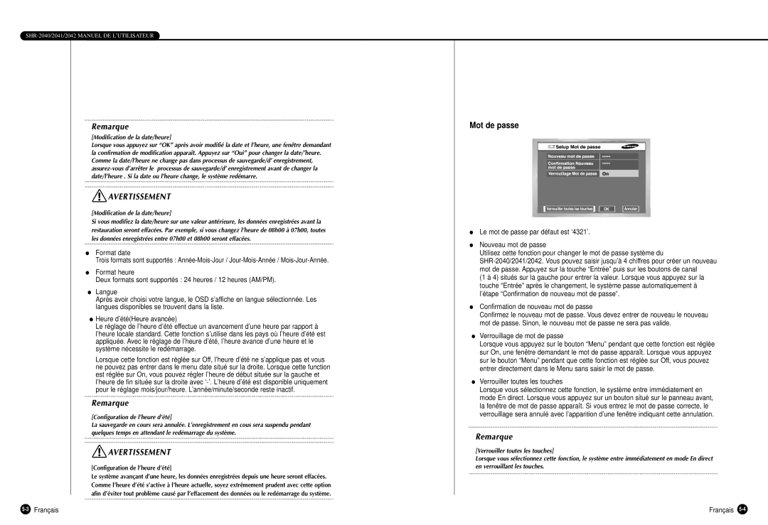 Samsung SHR-2040P manual Mot de passe, Le mot de passe par défaut est ‘4321’ Nouveau mot de passe 