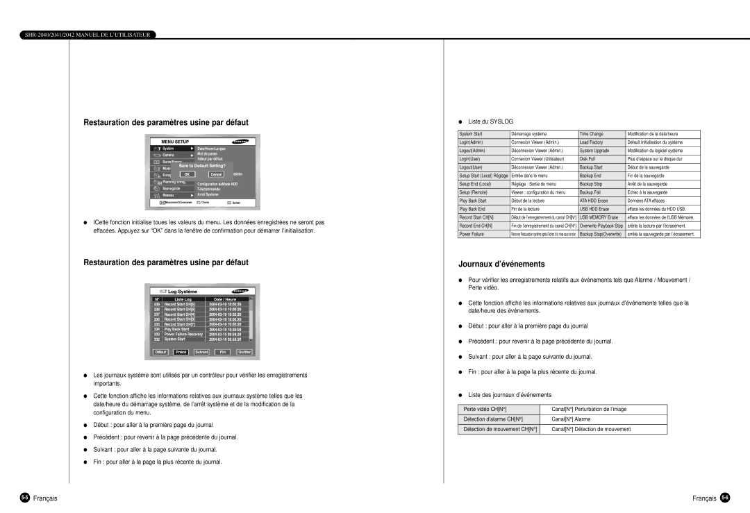 Samsung SHR-2040P manual Restauration des paramètres usine par défaut, Journaux d’événements 