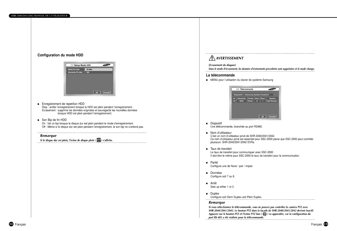 Samsung SHR-2040P manual Configuration du mode HDD, La télécommande 