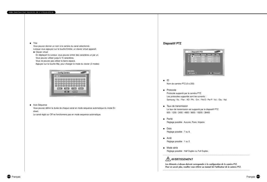 Samsung SHR-2040P manual Dispositif PTZ, Protocole, Taux de transmission, Data, Mode série 