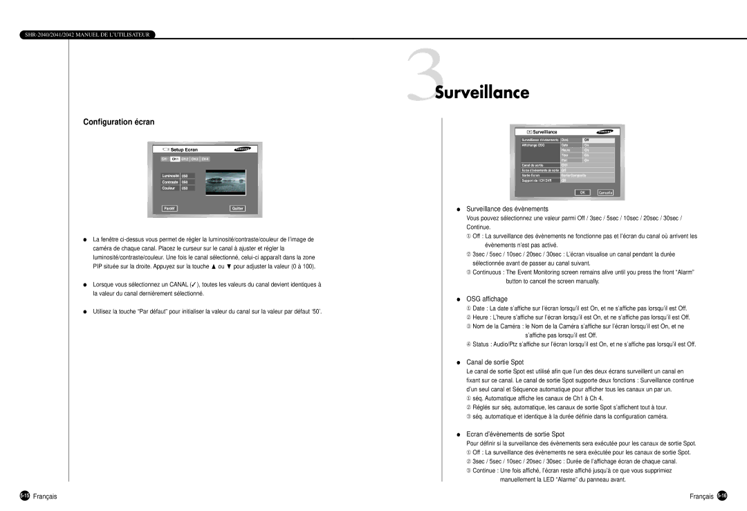 Samsung SHR-2040P manual 3Surveillance, Configuration écran, OSG affichage, Canal de sortie Spot 