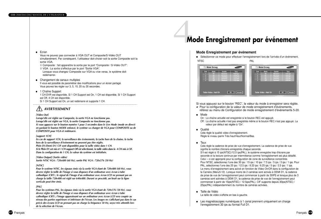 Samsung SHR-2040P manual 4Mode Enregistrement par événement 