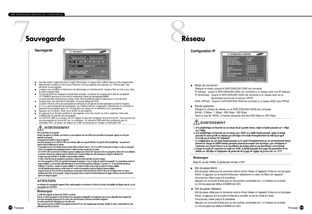 Samsung SHR-2040P manual 7Sauvegarde, 8Réseau, Configuration IP 